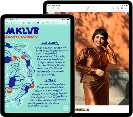 Zwei iPad Air Geräte, Größen: 11 Zoll und 13 Zoll, das 11 Zoll Modell zeigt farbigen Text in der Notizen App, das 13 Zoll Modell zeigt das Foto einer Person in der Fotos App